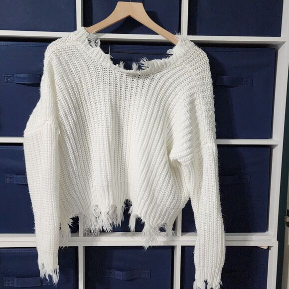 Mod  Black Label White V-neck Pullover Distressed Fringe Cropped Sweater Small - Picture 2 of 5